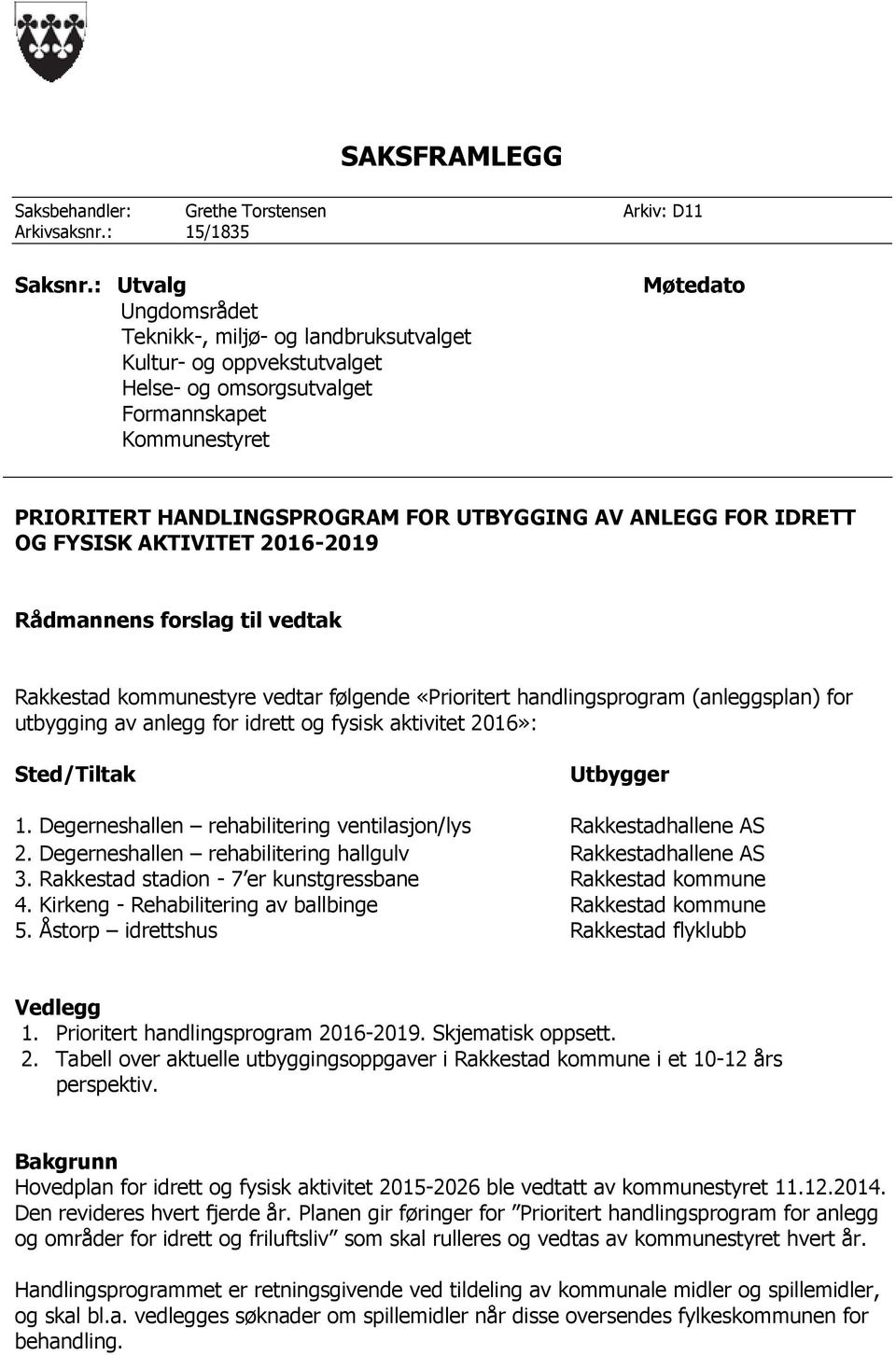 ANLEGG FOR IDRETT OG FYSISK AKTIVITET 2016-2019 Rådmannens forslag til vedtak Rakkestad kommunestyre vedtar følgende «Prioritert handlingsprogram (anleggsplan) for utbygging av anlegg for idrett og