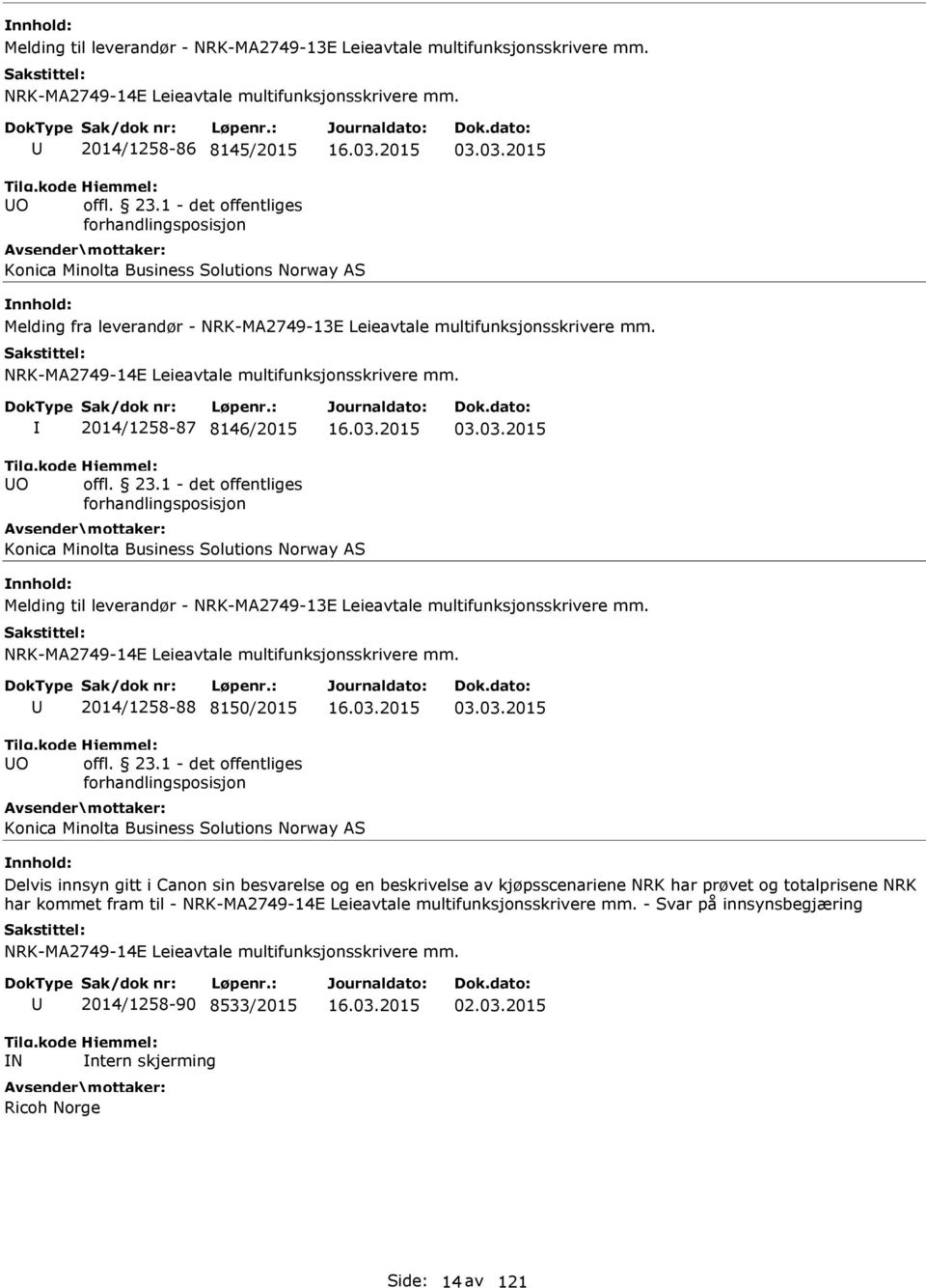 NRK-MA2749-14E Leieavtale multifunksjonsskrivere mm. I 2014/1258-87 8146/2015 16.03.2015 03.03.2015 UO offl. 23.