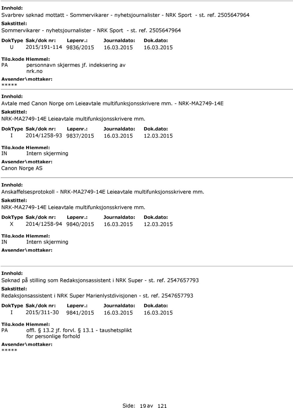 2015 12.03.2015 IN Intern skjerming Canon Norge AS Anskaffelsesprotokoll - NRK-MA2749-14E Leieavtale multifunksjonsskrivere mm.