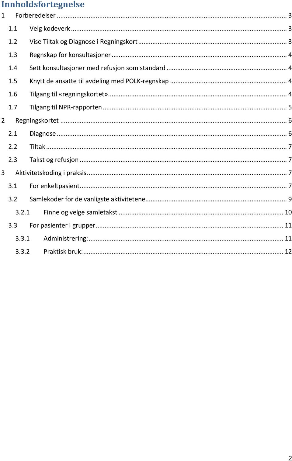 .. 5 2 Regningskortet... 6 2.1 Diagnose... 6 2.2 Tiltak... 7 2.3 Takst og refusjon... 7 3 Aktivitetskoding i praksis... 7 3.1 For enkeltpasient... 7 3.2 Samlekoder for de vanligste aktivitetene.