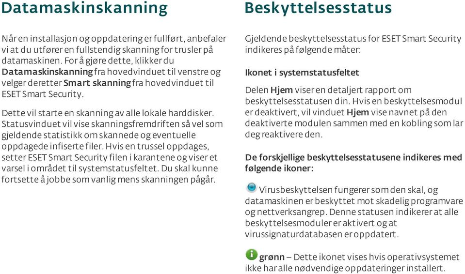 Gjeldende beskyttelsesstatus for ESET Smart Security indikeres på følgende måter: Dette vil starte en skanning av alle lokale harddisker.