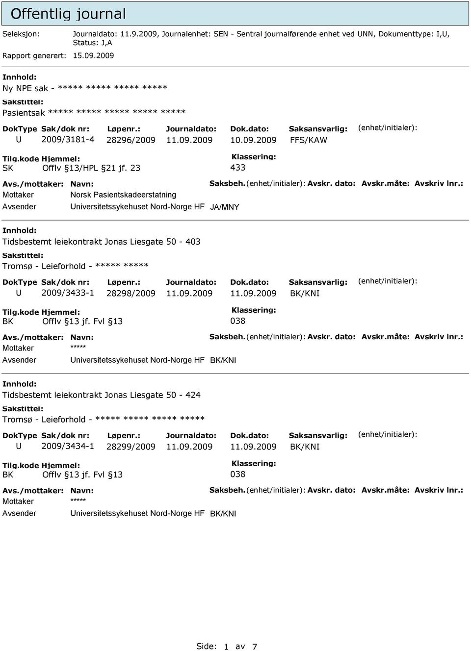 : Mottaker Norsk Pasientskadeerstatning niversitetssykehuset Nord-Norge HF JA/MNY Tidsbestemt leiekontrakt Jonas Liesgate 50-403 Tromsø - Leieforhold - ***** ***** 2009/3433-1 28298/2009 BK/KN BK