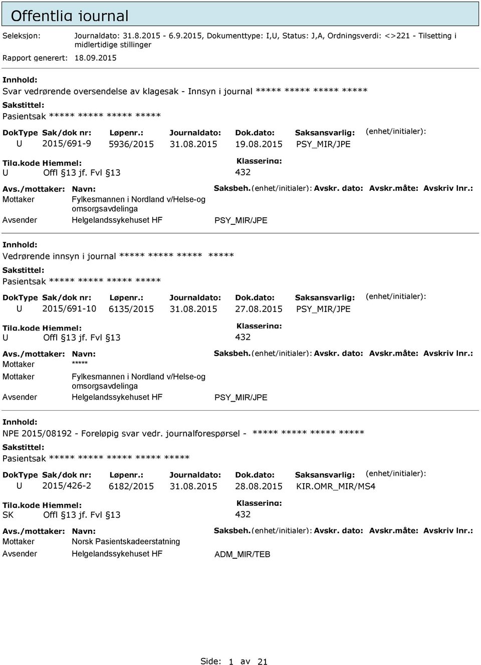 2015 SY_MR/JE Mottaker Fylkesmannen i Nordland v/helse-og omsorgsavdelinga SY_MR/JE Vedrørende innsyn i journal ***** ***** ***** ***** asientsak ***** ***** ***** ***** 2015/691-10 6135/2015 27.08.