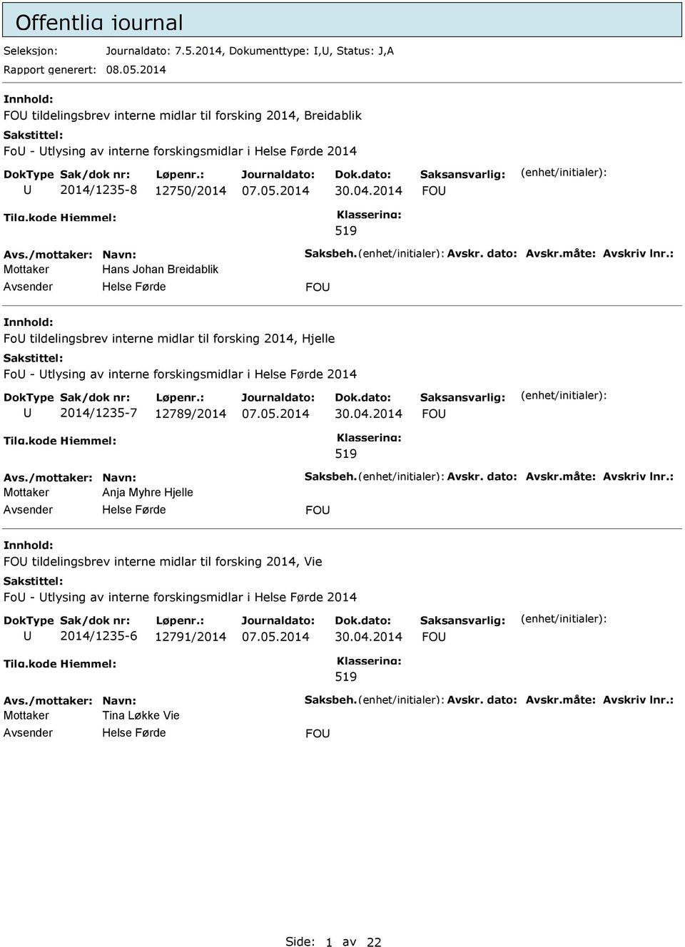 dato: Avskr.måte: Avskriv lnr.: Mottaker Hans Johan Breidablik FO Fo tildelingsbrev interne midlar til forsking 2014, Hjelle Fo - tlysing av interne forskingsmidlar i 2014 2014/1235-7 12789/2014 30.