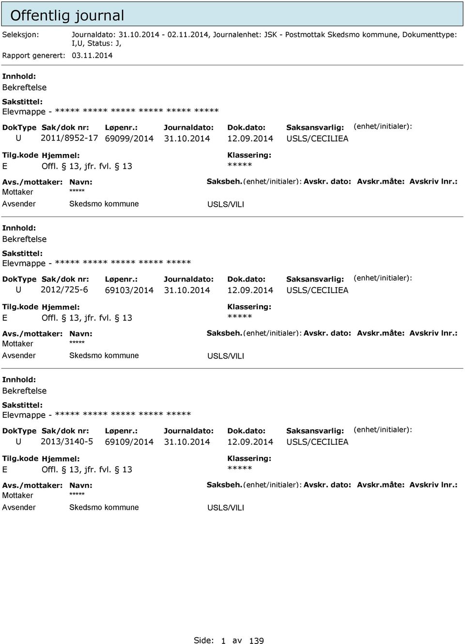 09.2014 SLS/CCLA Avs./mottaker: Navn: Saksbeh. Avskr. dato: Avskr.måte: Avskriv lnr.: Mottaker SLS/VL Side: 1 av 139