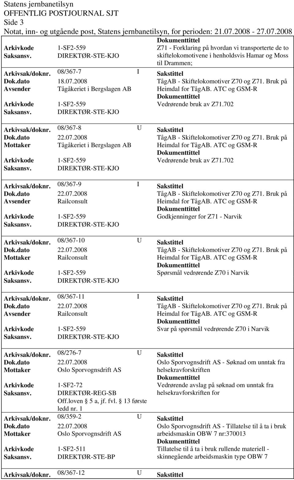 702 Arkivsak/doknr. 08/367-9 I Sakstittel Avsender Railconsult Godkjenninger for Z71 - Narvik Arkivsak/doknr. 08/367-10 U Sakstittel Spørsmål vedrørende Z70 i Narvik Arkivsak/doknr.