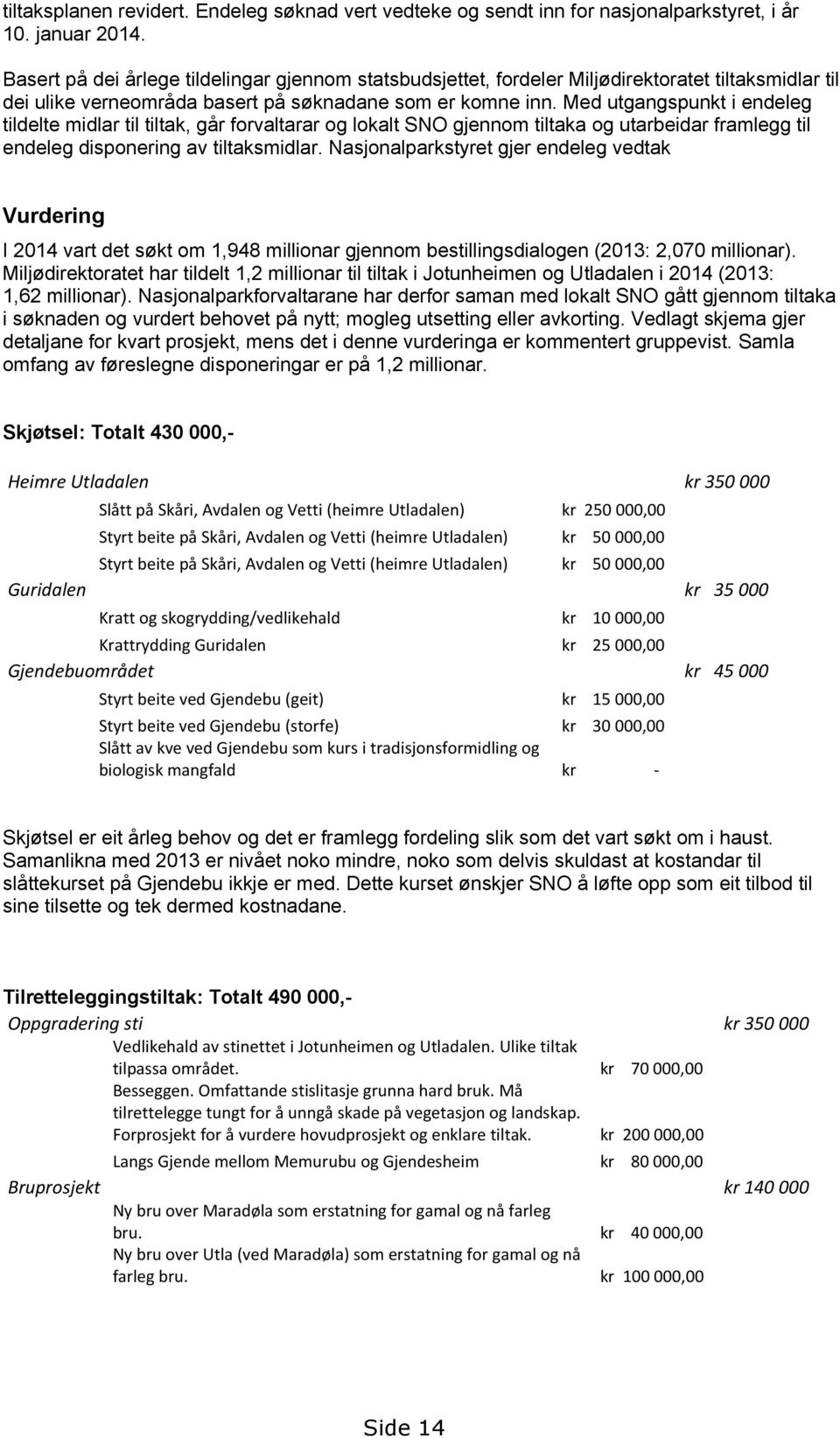 Med utgangspunkt i endeleg tildelte midlar til tiltak, går forvaltarar og lokalt SNO gjennom tiltaka og utarbeidar framlegg til endeleg disponering av tiltaksmidlar.