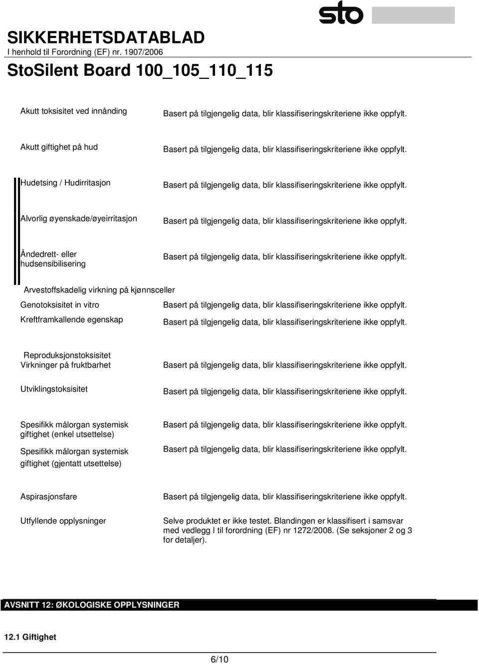 systemisk giftighet (enkel utsettelse) Spesifikk målorgan systemisk giftighet (gjentatt utsettelse) Aspirasjonsfare Utfyllende opplysninger Selve produktet er ikke testet.