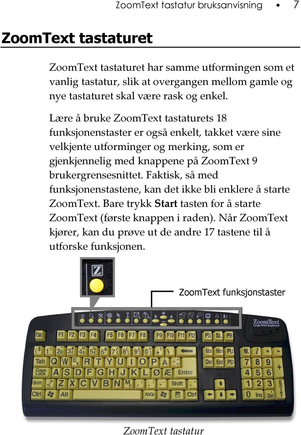 Lære å bruke ZoomText tastaturets 18 funksjonenstaster er også enkelt, takket være sine velkjente utforminger og merking, som er gjenkjennelig med knappene på