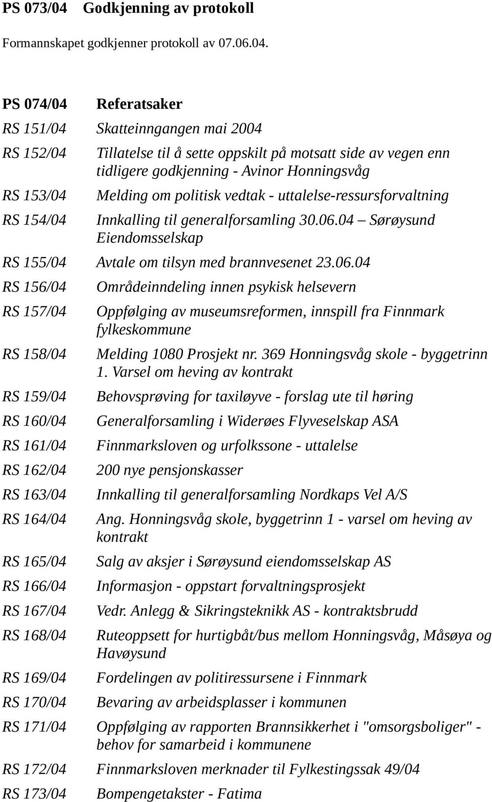 PS 074/04 Referatsaker RS 151/04 Skatteinngangen mai 2004 RS 152/04 RS 153/04 RS 154/04 Tillatelse til å sette oppskilt på motsatt side av vegen enn tidligere godkjenning - Avinor Honningsvåg Melding