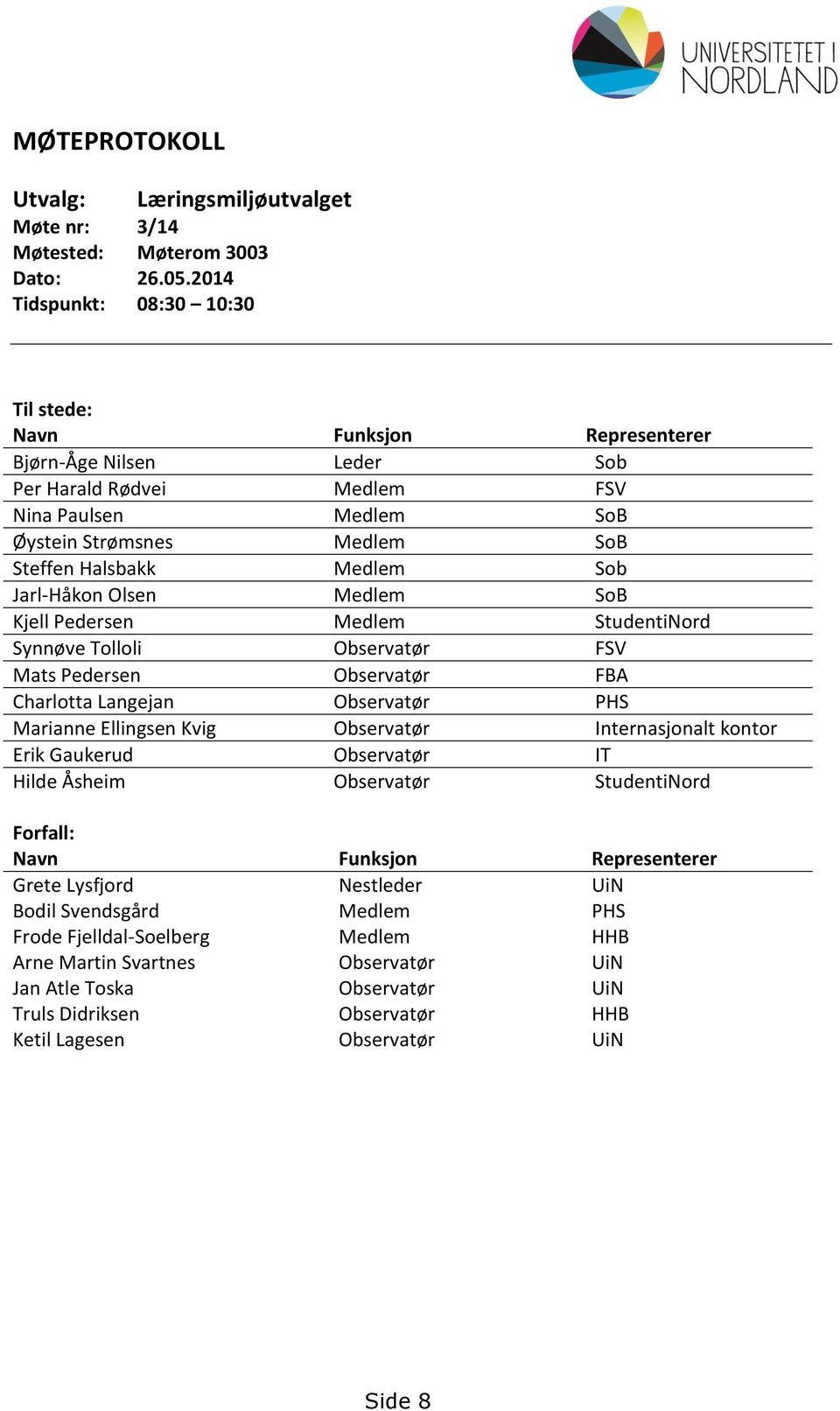 Sob Jarl-Håkon Olsen Medlem SoB Kjell Pedersen Medlem StudentiNord Synnøve Tolloli Observatør FSV Mats Pedersen Observatør FBA Charlotta Langejan Observatør PHS Marianne Ellingsen Kvig Observatør