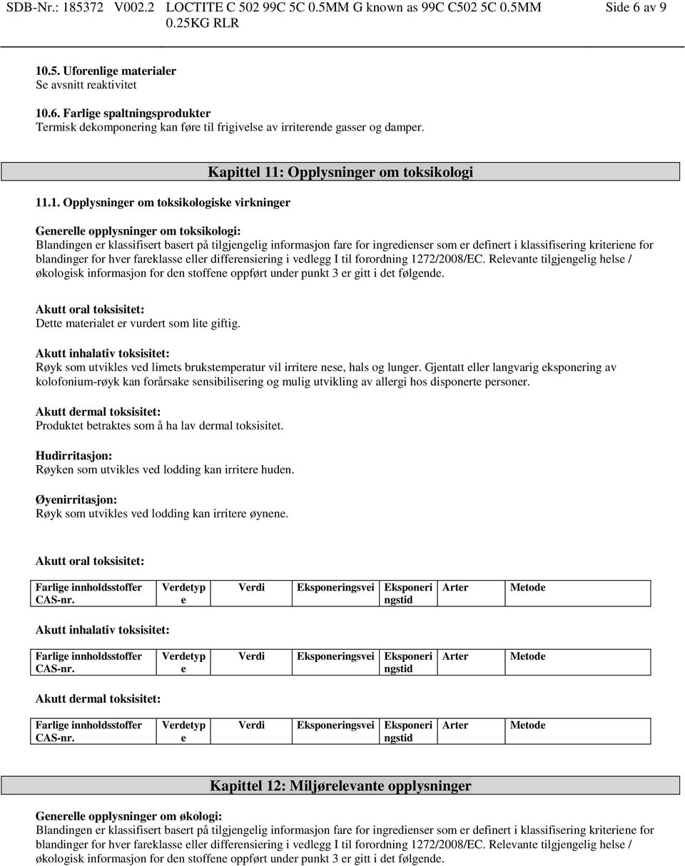 .6. Farlige spaltningsprodukter Termisk dekomponering kan føre til frigivelse av irriterende gasser og damper. 11