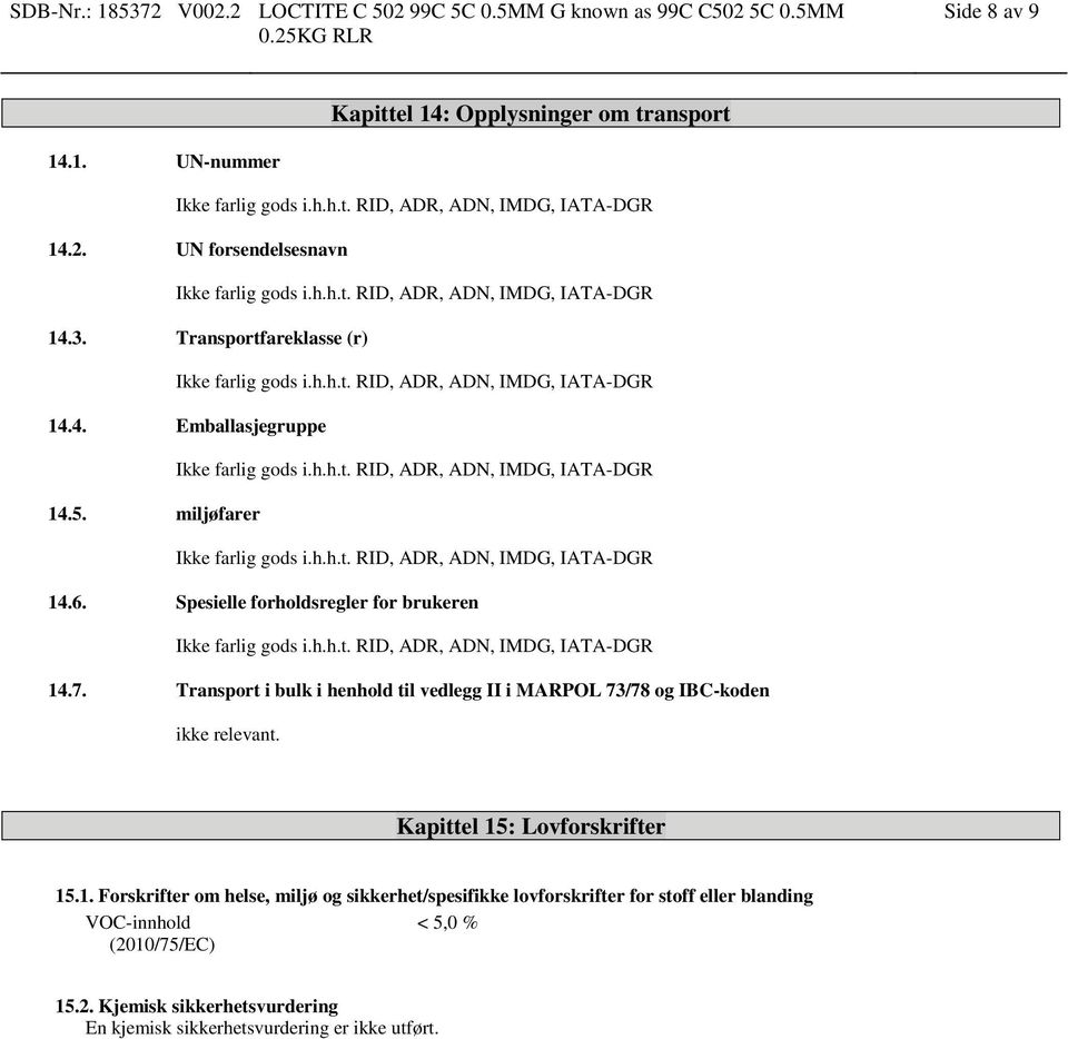 Transport i bulk i henhold til vedlegg II i MARPOL 73/78 og IBC-koden ikke relevant. Kapittel 15