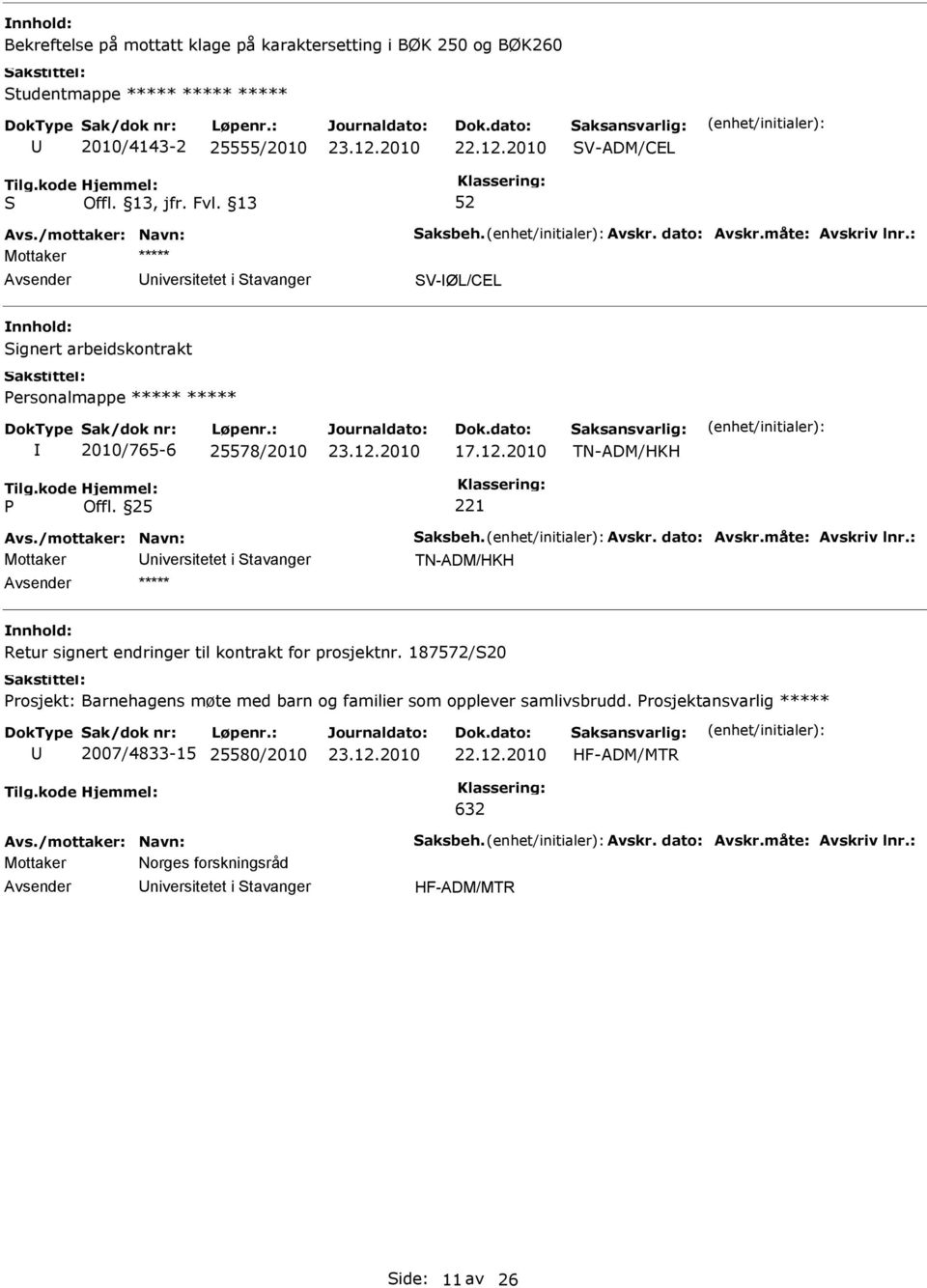 2010 TN-ADM/HKH Mottaker niversitetet i tavanger TN-ADM/HKH ***** Retur signert endringer til kontrakt for prosjektnr.