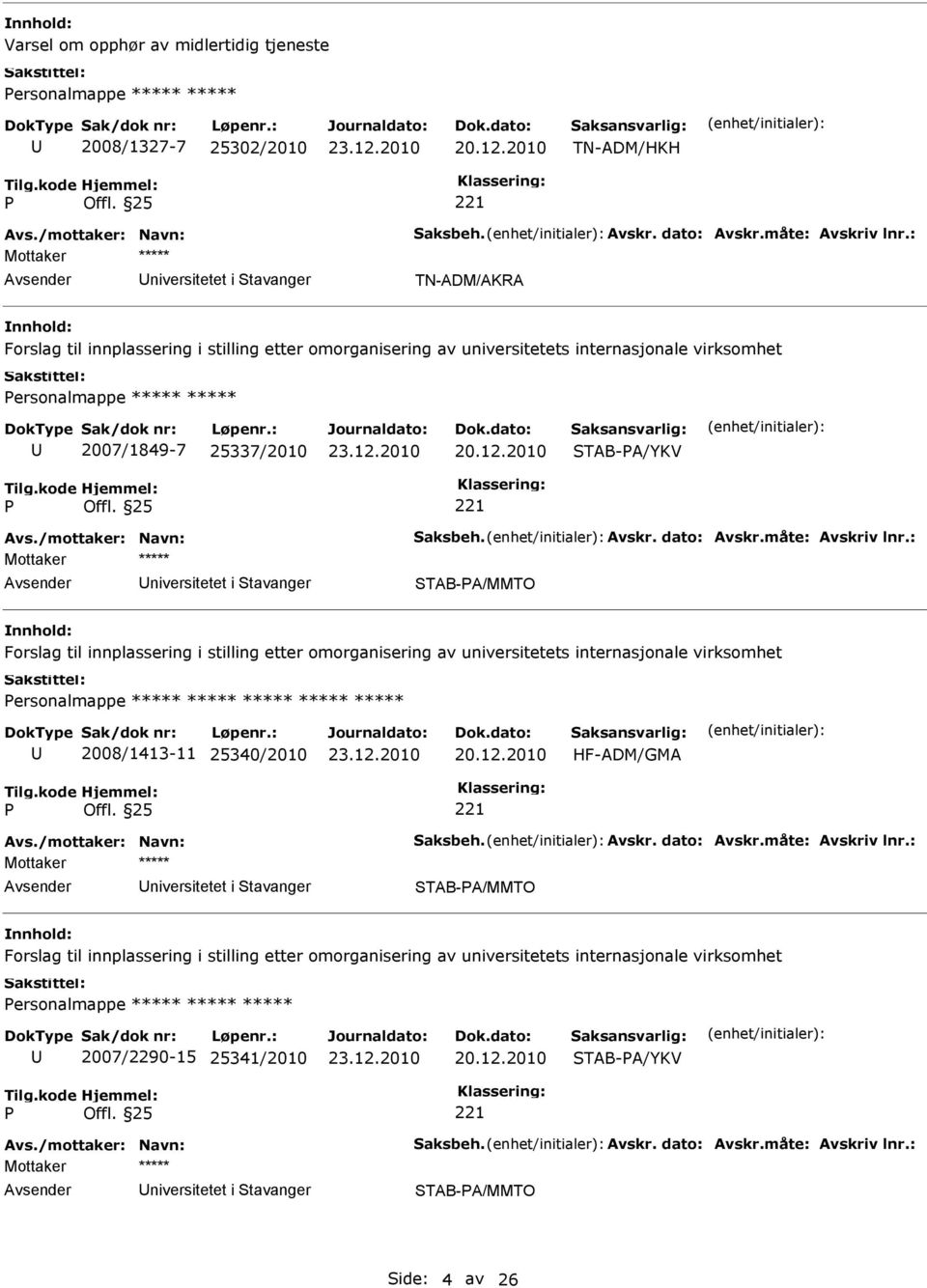 etter omorganisering av universitetets internasjonale virksomhet ersonalmappe ***** ***** ***** ***** ***** 2008/1413-11 25340/2010 HF-ADM/GMA niversitetet i tavanger TAB-A/MMTO Forslag til