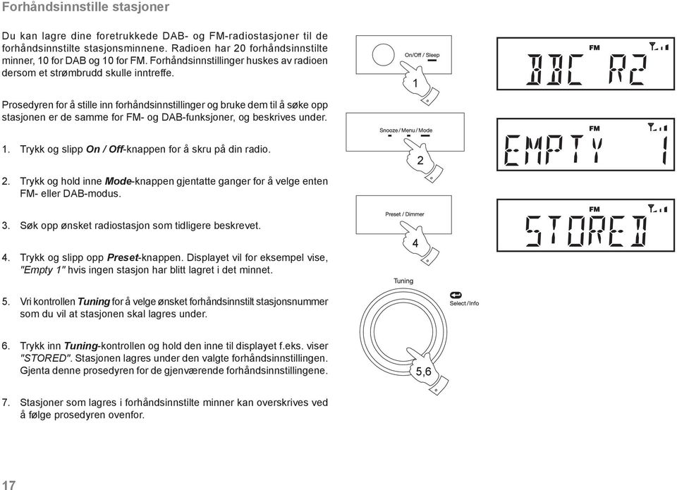 Prosedyren for å stille inn forhåndsinnstillinger og bruke dem til å søke opp stasjonen er de samme for FM- og DAB-funksjoner, og beskrives under.