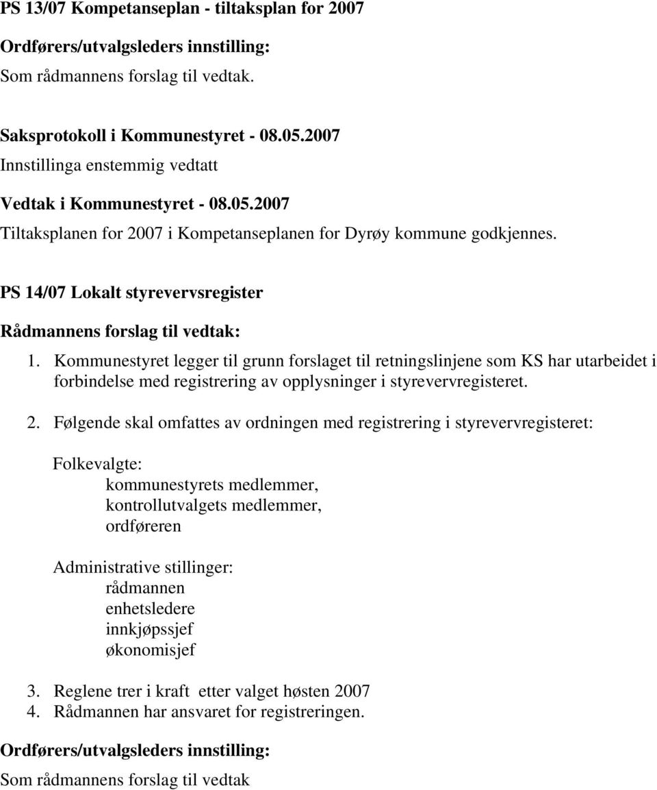 Kommunestyret legger til grunn forslaget til retningslinjene som KS har utarbeidet i forbindelse med registrering av opplysninger i styrevervregisteret. 2.