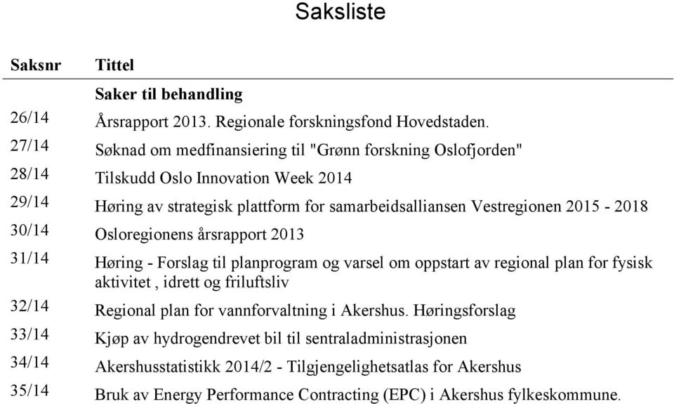 2015-2018 30/14 Osloregionens årsrapport 2013 31/14 Høring - Forslag til planprogram og varsel om oppstart av regional plan for fysisk aktivitet, idrett og friluftsliv 32/14