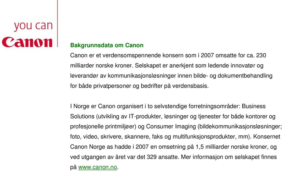 I Norge er Canon organisert i to selvstendige forretningsområder: Business Solutions (utvikling av IT-produkter, løsninger og tjenester for både kontorer og profesjonelle printmiljøer) og