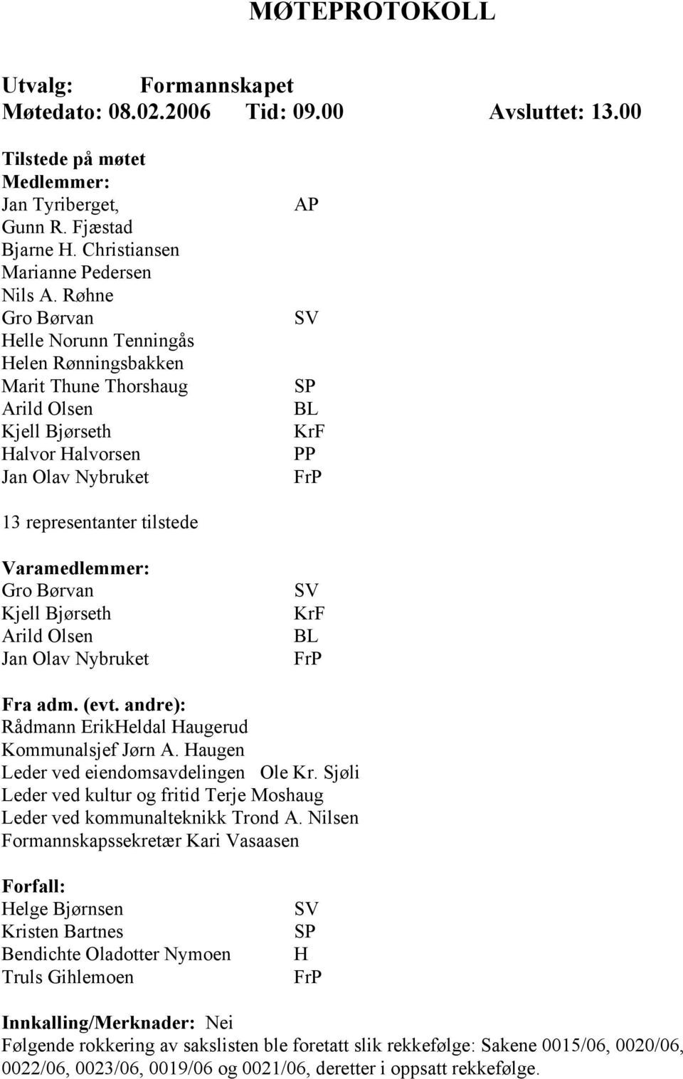 Varamedlemmer: Gro Børvan Kjell Bjørseth Arild Olsen Jan Olav Nybruket SV KrF BL FrP Fra adm. (evt. andre): Rådmann ErikHeldal Haugerud Kommunalsjef Jørn A. Haugen Leder ved eiendomsavdelingen Ole Kr.