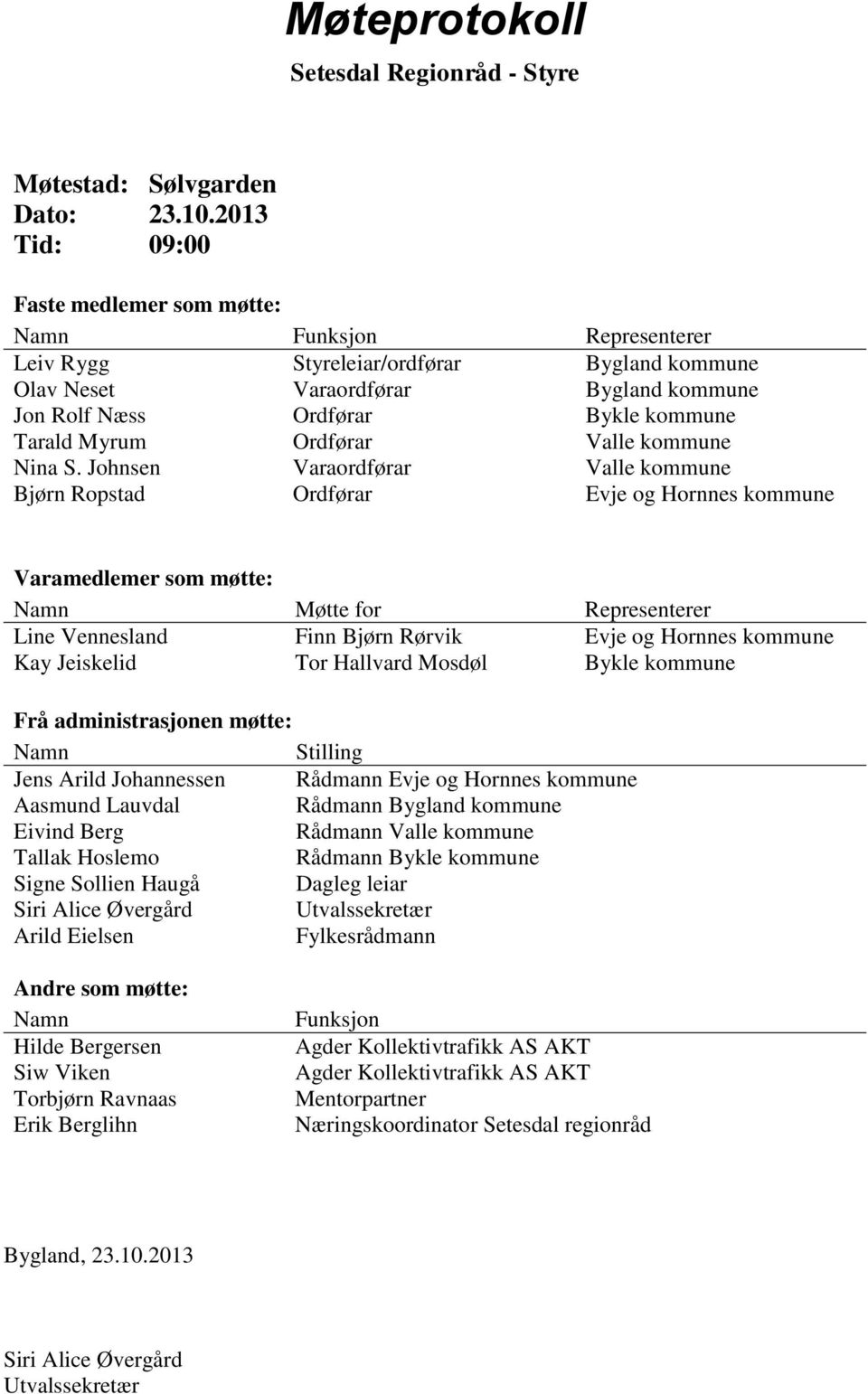 Varamedlemer som møtte: Namn Møtte for Representerer Line Vennesland Kay Jeiskelid Finn Bjørn Rørvik Tor Hallvard Mosdøl Evje og Hornnes kommune Bykle kommune Frå administrasjonen møtte: Namn