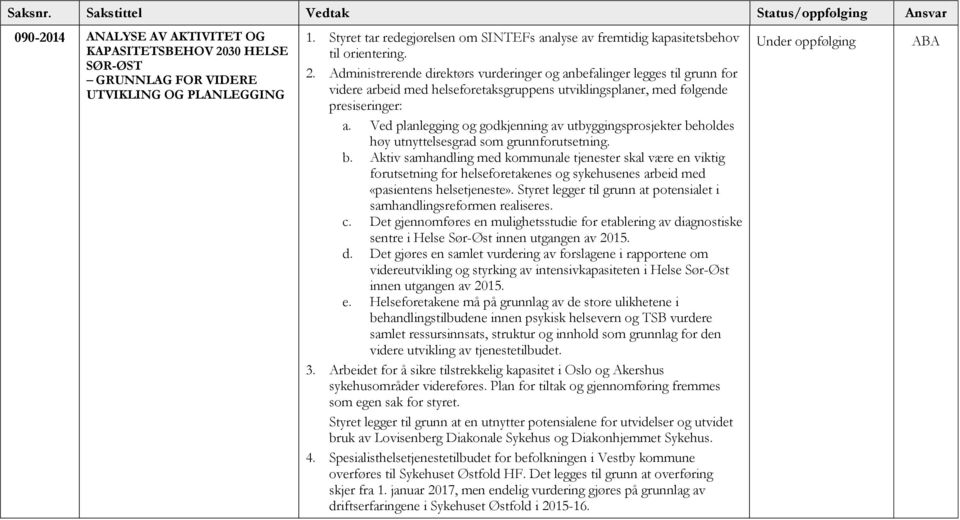 Administrerende direktørs vurderinger og anbefalinger legges til grunn for videre arbeid med helseforetaksgruppens utviklingsplaner, med følgende presiseringer: a.