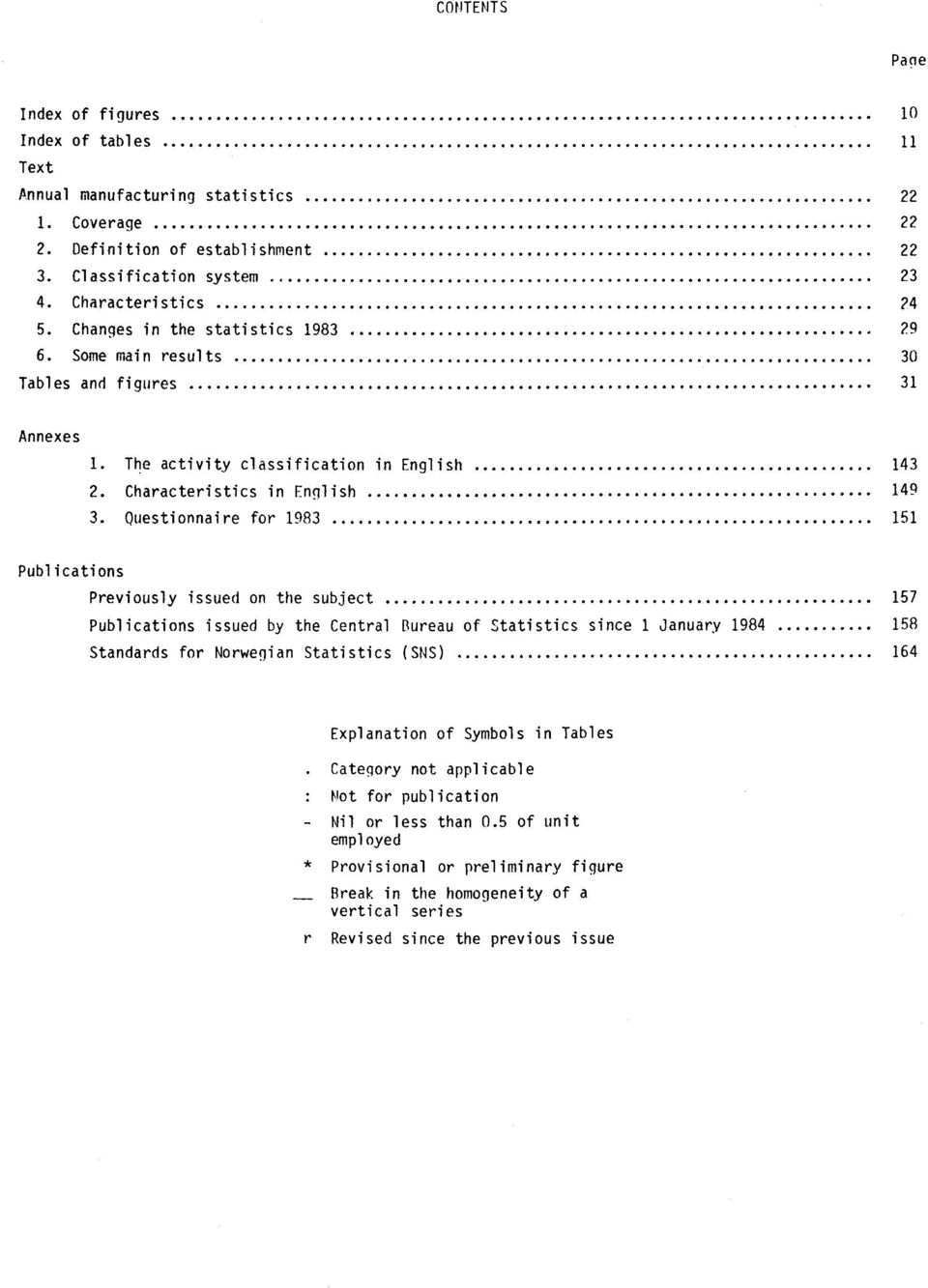 Questionnaire for 1983 151 Publications Previously issued on the subject 157 Publications issued by the Central Bureau of Statistics since 1 January 1984 158 Standards for Norwegian Statistics (SNS)