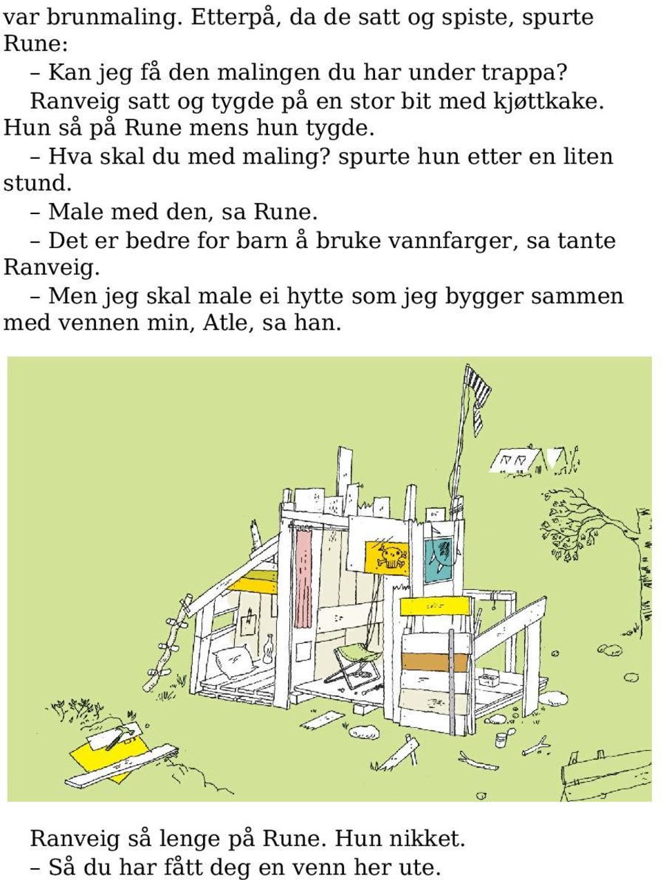 spurte hun etter en liten stund. Male med den, sa Rune. Det er bedre for barn å bruke vannfarger, sa tante Ranveig.