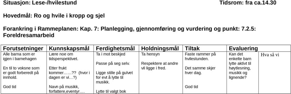 God tid Lære noe om tidsperspektivet. Etter frukt kommer?? (hvor i dagen er vi?) Navn på musikk, forfattere,eventyr. Ta i mot beskjed Passe på seg selv.