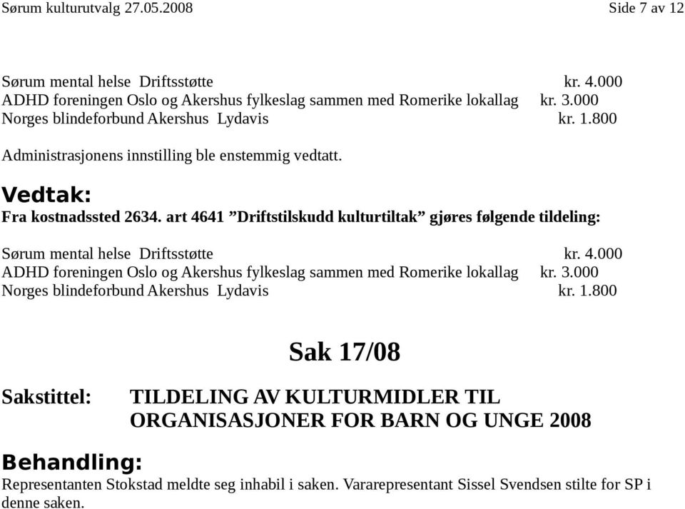 art 4641 Driftstilskudd kulturtiltak gjøres følgende tildeling: Sørum mental helse Driftsstøtte kr. 4.000 ADHD foreningen Oslo og Akershus fylkeslag sammen med Romerike lokallag kr.