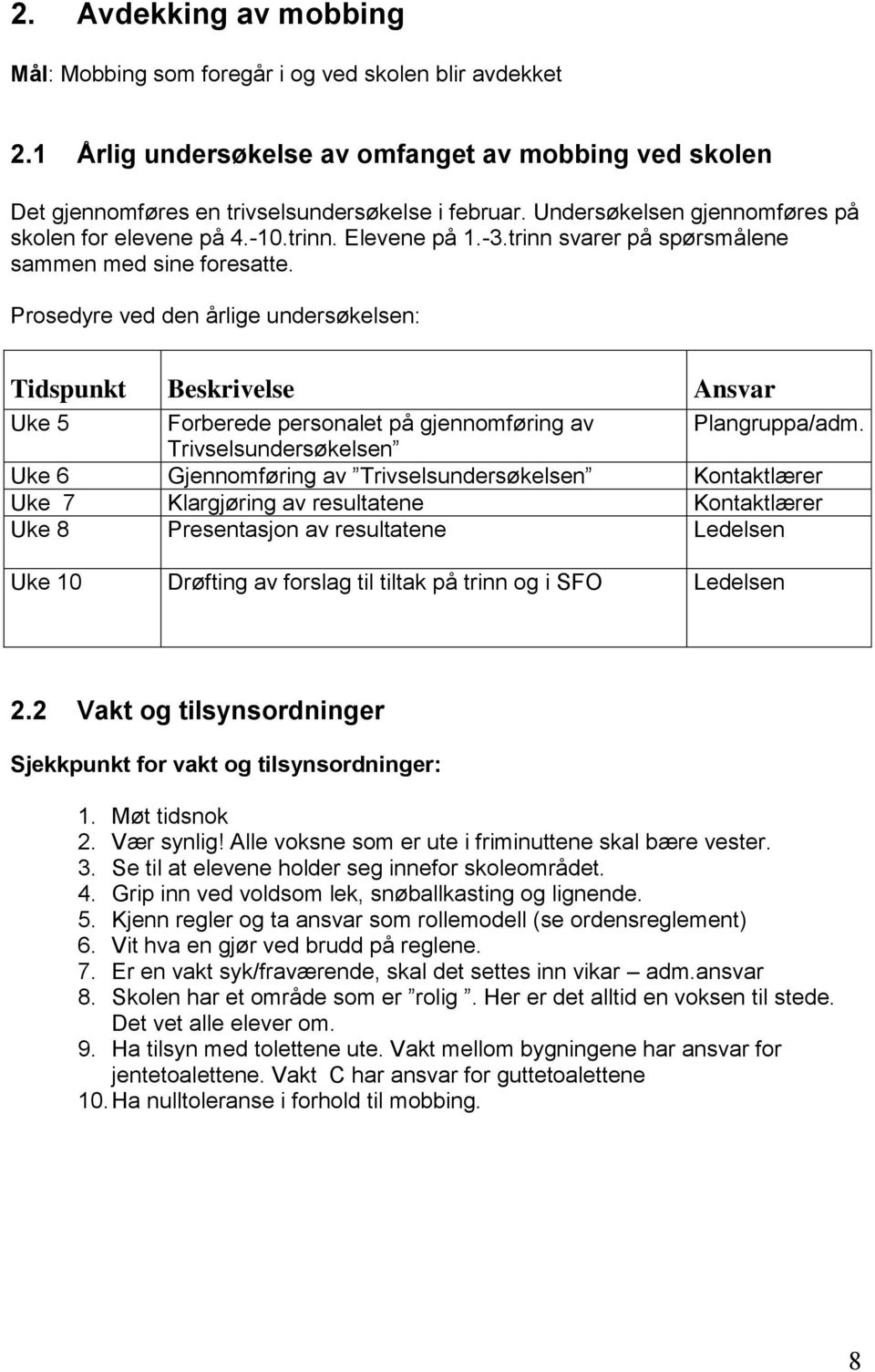 Prosedyre ved den årlige undersøkelsen: Tidspunkt Beskrivelse Ansvar Uke 5 Forberede personalet på gjennomføring av Plangruppa/adm.