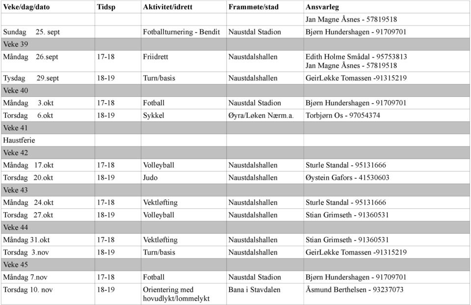 okt 17-18 Volleyball Naustdalshallen Sturle Standal - 95131666 Torsdag 20.okt 18-19 Judo Naustdalshallen Øystein Gafors - 41530603 Veke 43 Måndag 24.