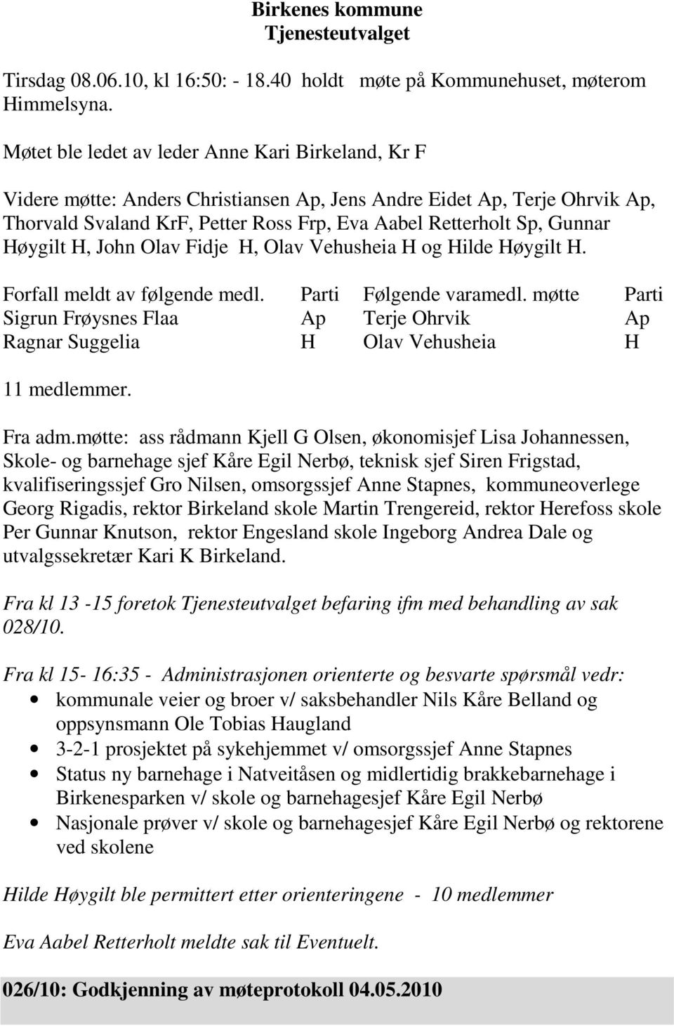 Høygilt H, John Olav Fidje H, Olav Vehusheia H og Hilde Høygilt H. Forfall meldt av følgende medl. Parti Følgende varamedl.
