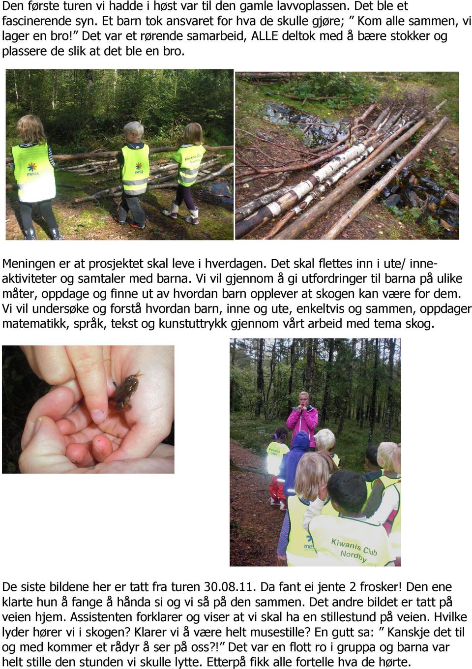 Det skal flettes inn i ute/ inneaktiviteter og samtaler med barna. Vi vil gjennom å gi utfordringer til barna på ulike måter, oppdage og finne ut av hvordan barn opplever at skogen kan være for dem.