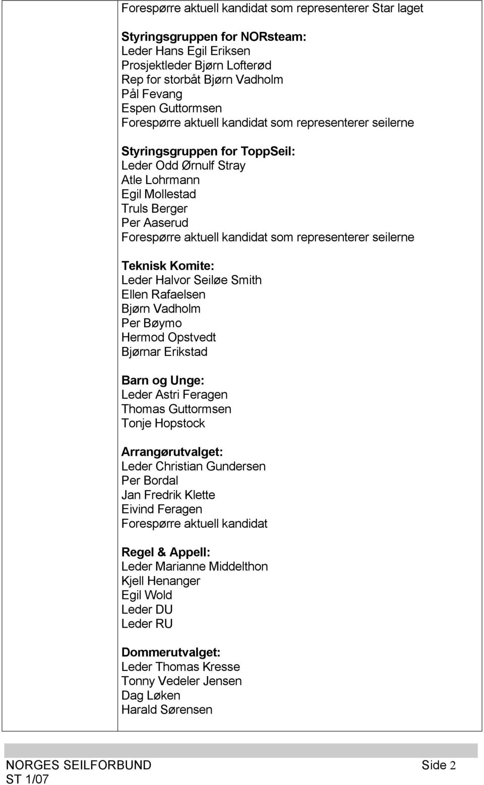 representerer seilerne Teknisk Komite: Leder Halvor Seiløe Smith Ellen Rafaelsen Bjørn Vadholm Per Bøymo Hermod Opstvedt Bjørnar Erikstad Barn og Unge: Leder Astri Feragen Thomas Guttormsen Tonje