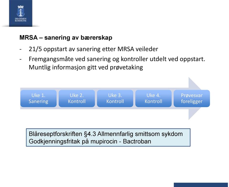 Muntlig informasjon gitt ved prøvetaking Uke 1. Sanering Uke 2. Kontroll Uke 3.