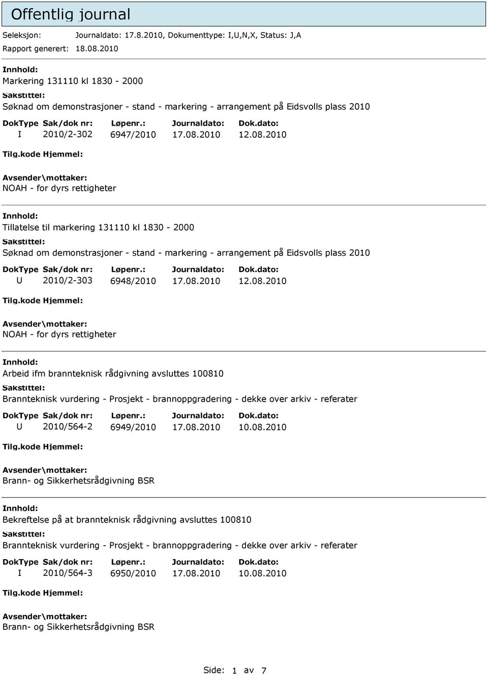 2010 NOAH - for dyrs rettigheter Tillatelse til markering 131110 kl 1830-2000 2010/2-303 6948/2010 12.08.