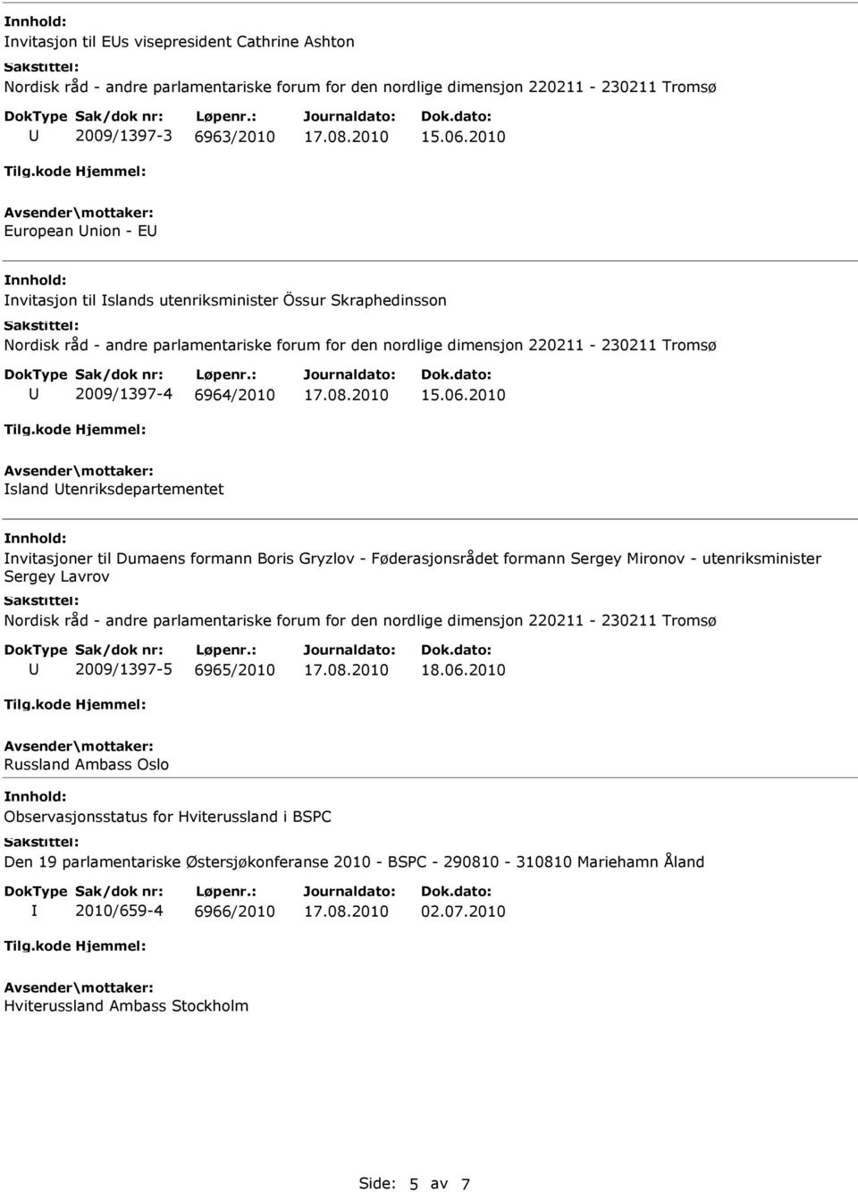 2010 sland tenriksdepartementet nvitasjoner til Dumaens formann Boris Gryzlov - Føderasjonsrådet formann Sergey Mironov - utenriksminister Sergey