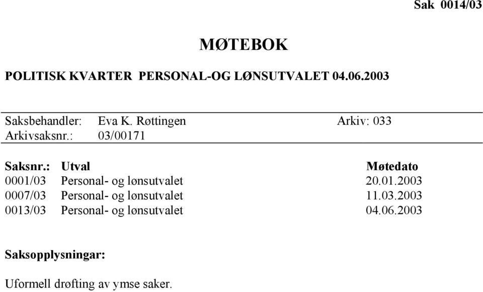 : Utval Møtedato 0001/03 Personal- og lønsutvalet 20.01.2003 0007/03 Personal- og lønsutvalet 11.