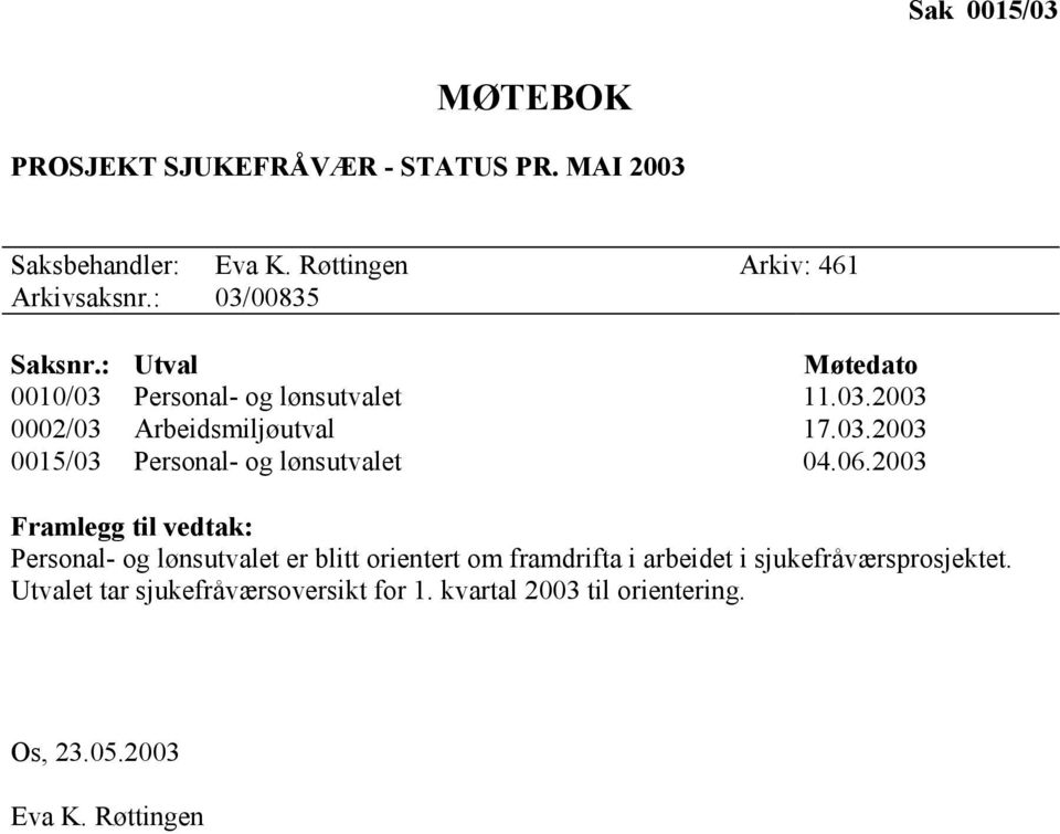 06.2003 Framlegg til vedtak: Personal- og lønsutvalet er blitt orientert om framdrifta i arbeidet i sjukefråværsprosjektet.