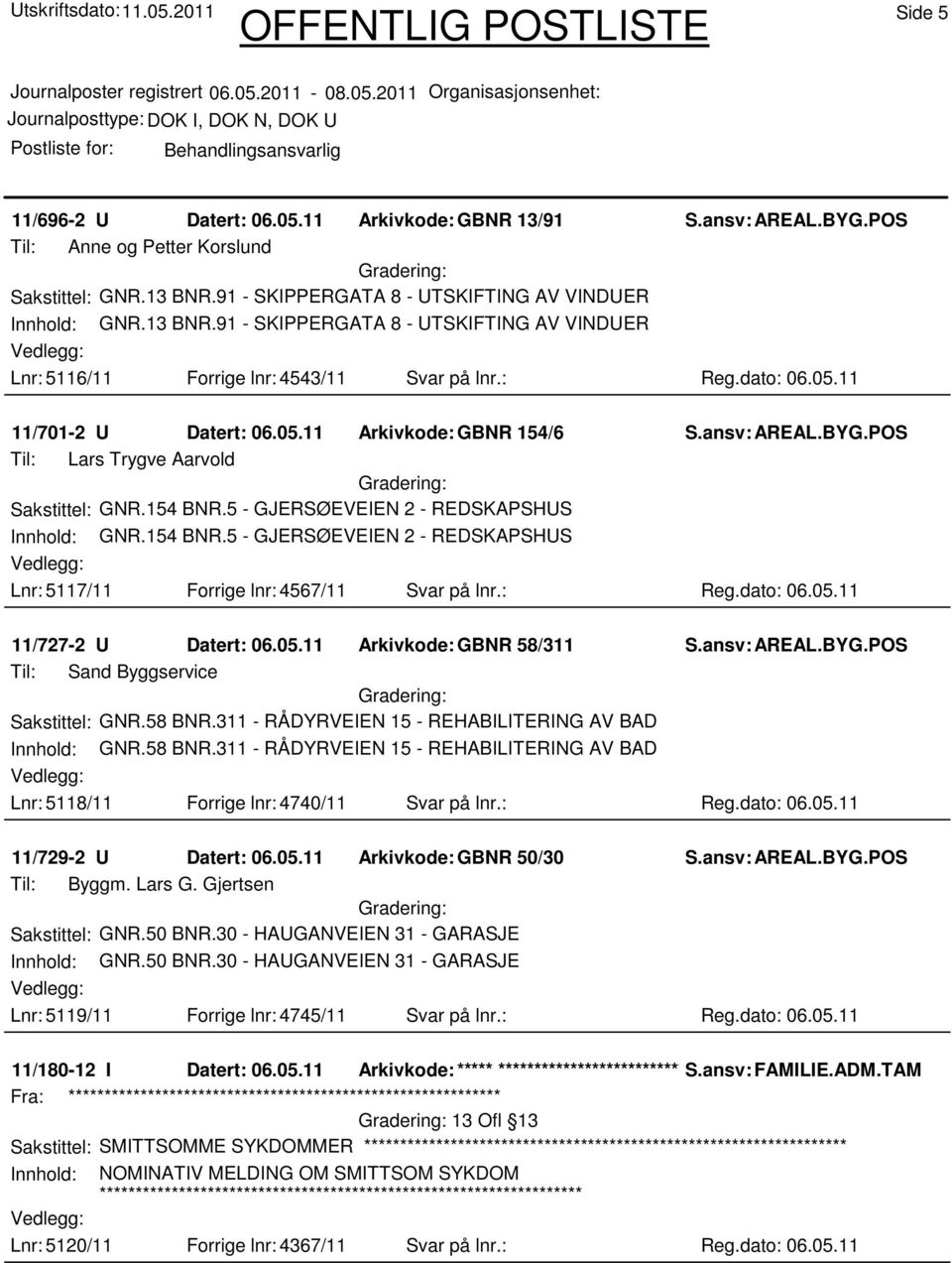 : Reg.dato: 06.05.11 11/727-2 U Datert: 06.05.11 Arkivkode:GBNR 58/311 Til: Sand Byggservice Sakstittel: GNR.58 BNR.