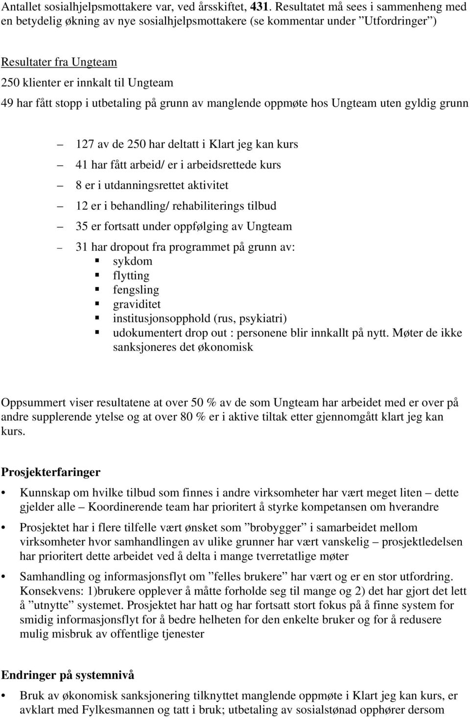 utbetaling på grunn av manglende oppmøte hos Ungteam uten gyldig grunn 127 av de 250 har deltatt i Klart jeg kan kurs 41 har fått arbeid/ er i arbeidsrettede kurs 8 er i utdanningsrettet aktivitet 12