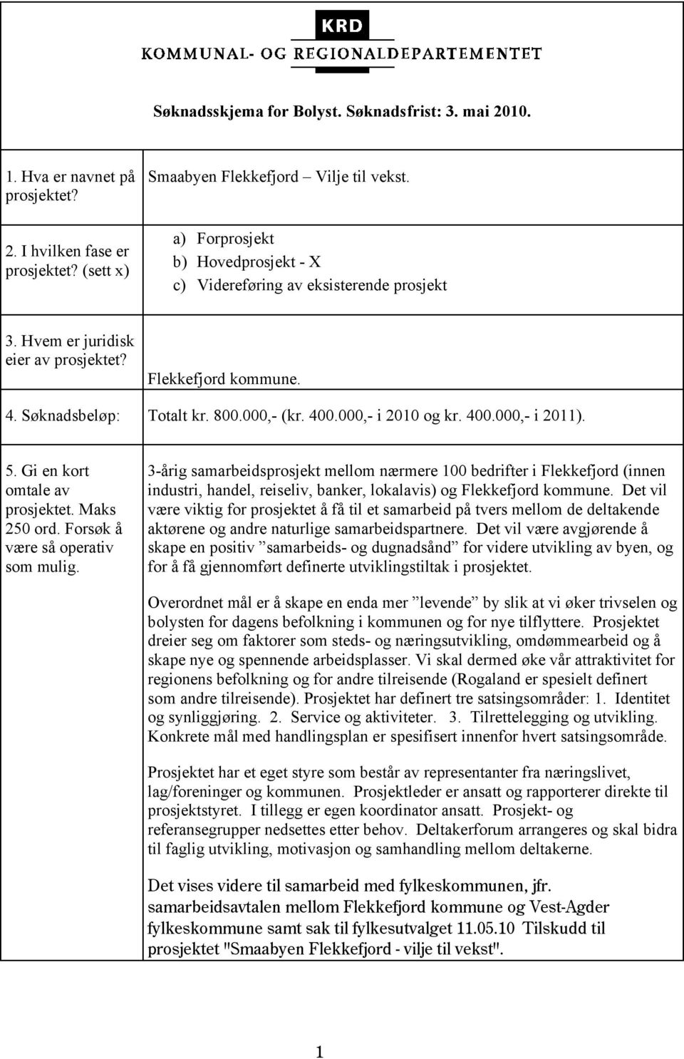 000,- i 2010 og kr. 400.000,- i 2011). 5. Gi en kort omtale av prosjektet. Maks 250 ord. Forsøk å være så operativ som mulig.