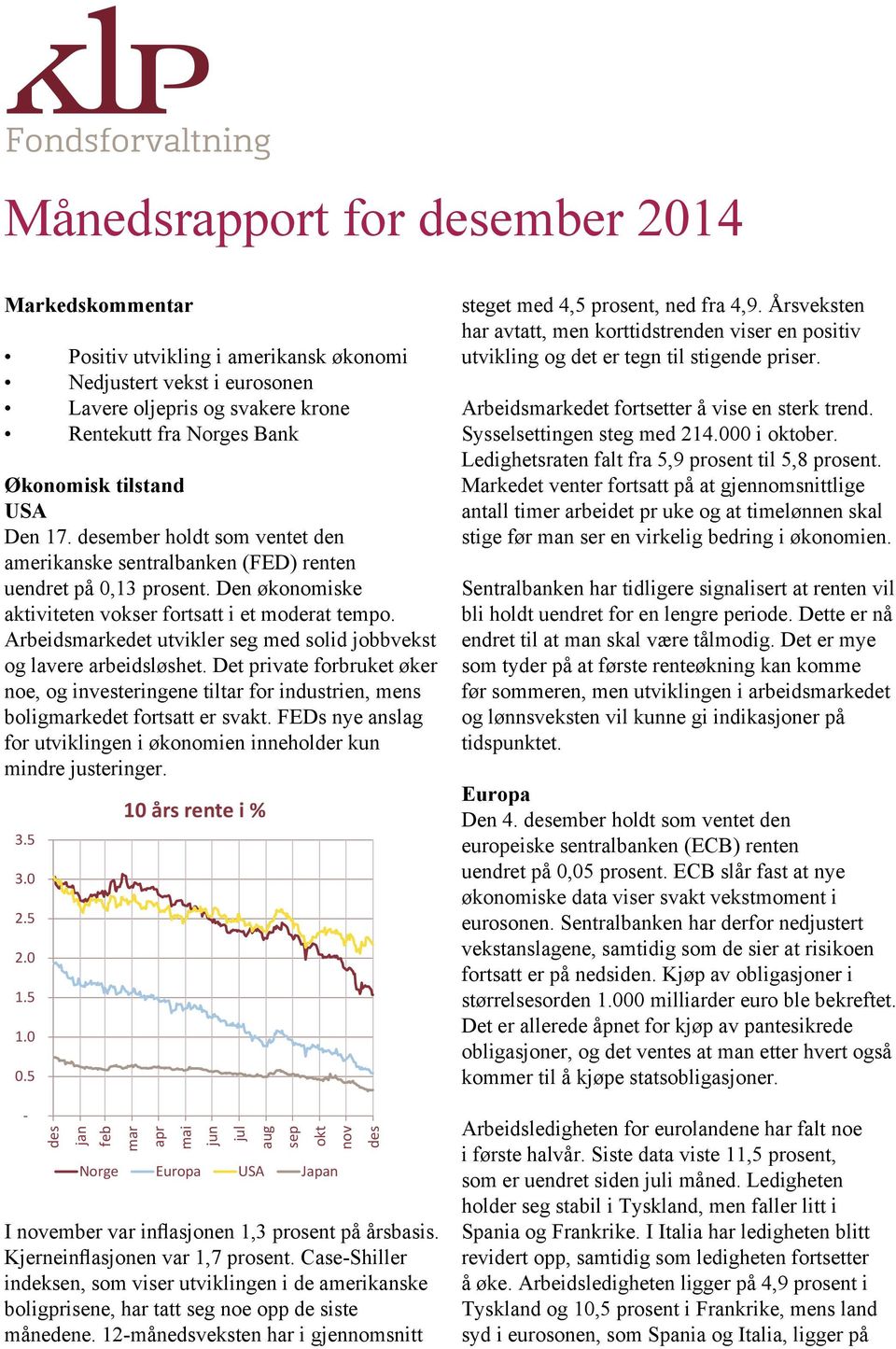 Arbeidskedet utvikler seg med solid jobbvekst og lavere arbeidsløshet. Det private forbruket øker noe, og investeringene tiltar for industrien, mens boligkedet fortsatt er svakt.