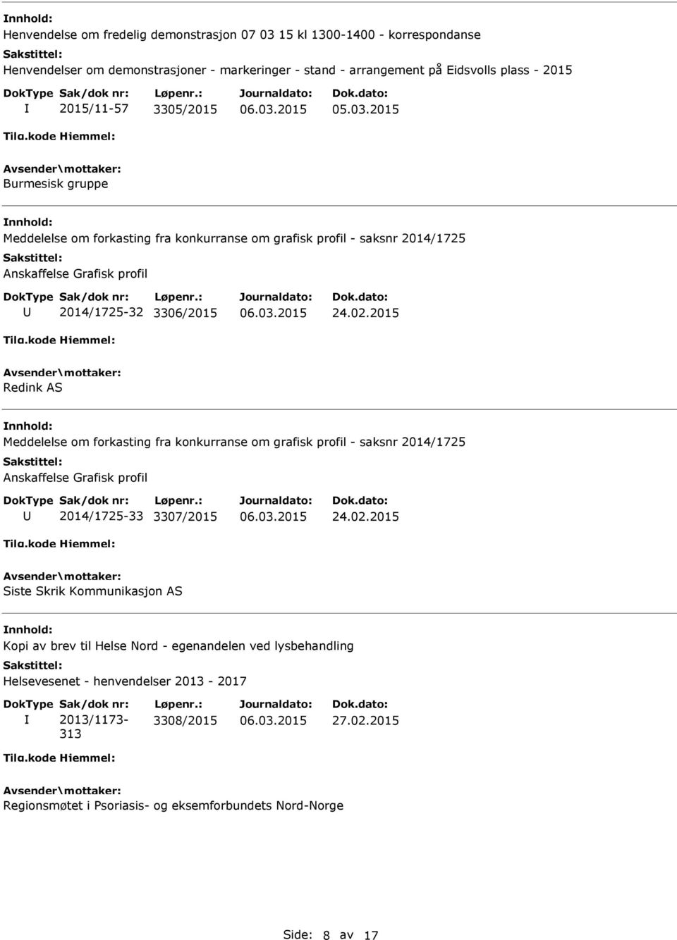 3307/2015 Siste Skrik Kommunikasjon AS Kopi av brev til Helse Nord - egenandelen ved lysbehandling Helsevesenet - henvendelser