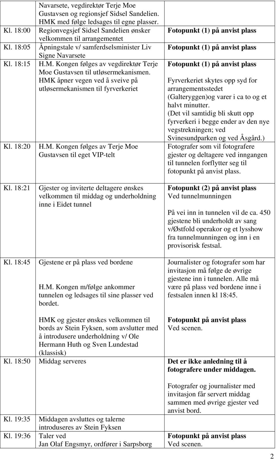 HMK åpner vegen ved å sveive på utløsermekanismen til fyrverkeriet H.M. Kongen følges av Terje Moe Gustavsen til eget VIP-telt Gjester og inviterte deltagere ønskes velkommen til middag og underholdning inne i Eidet tunnel Gjestene er på plass ved bordene H.