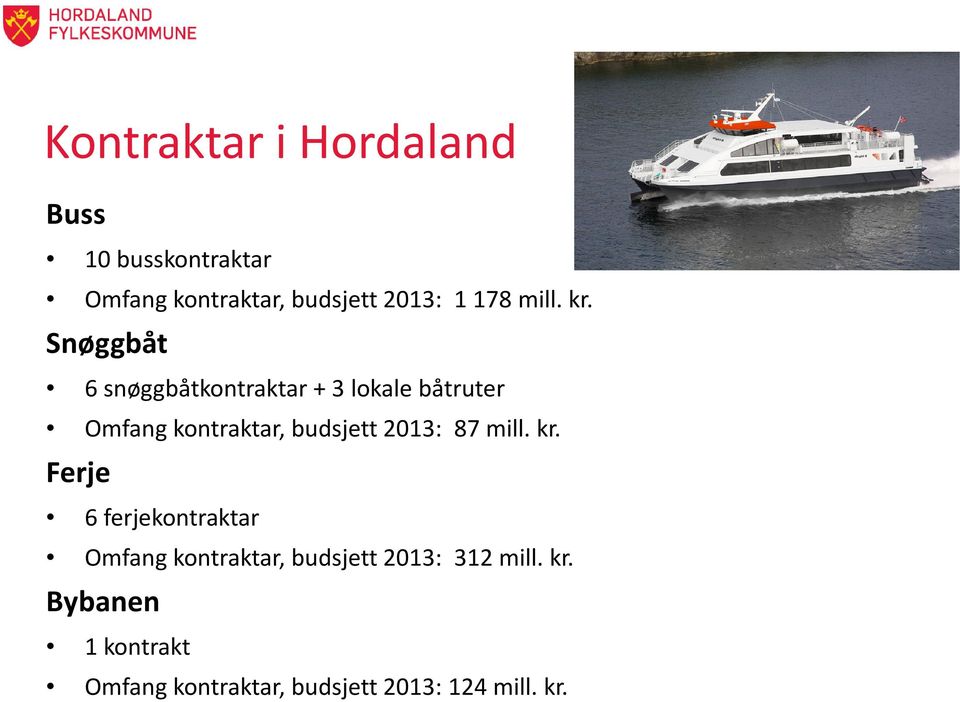 Snøggbåt 6 snøggbåtkontraktar + 3 lokale båtruter Omfang kontraktar, budsjett