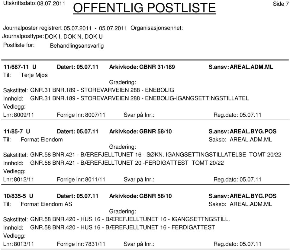 07.11 Arkivkode:GBNR 58/10 S.ansv: AREAL.BYG.POS Til: Format Eiendom Saksb: AREAL.ADM.ML Sakstittel: GNR.58 BNR.