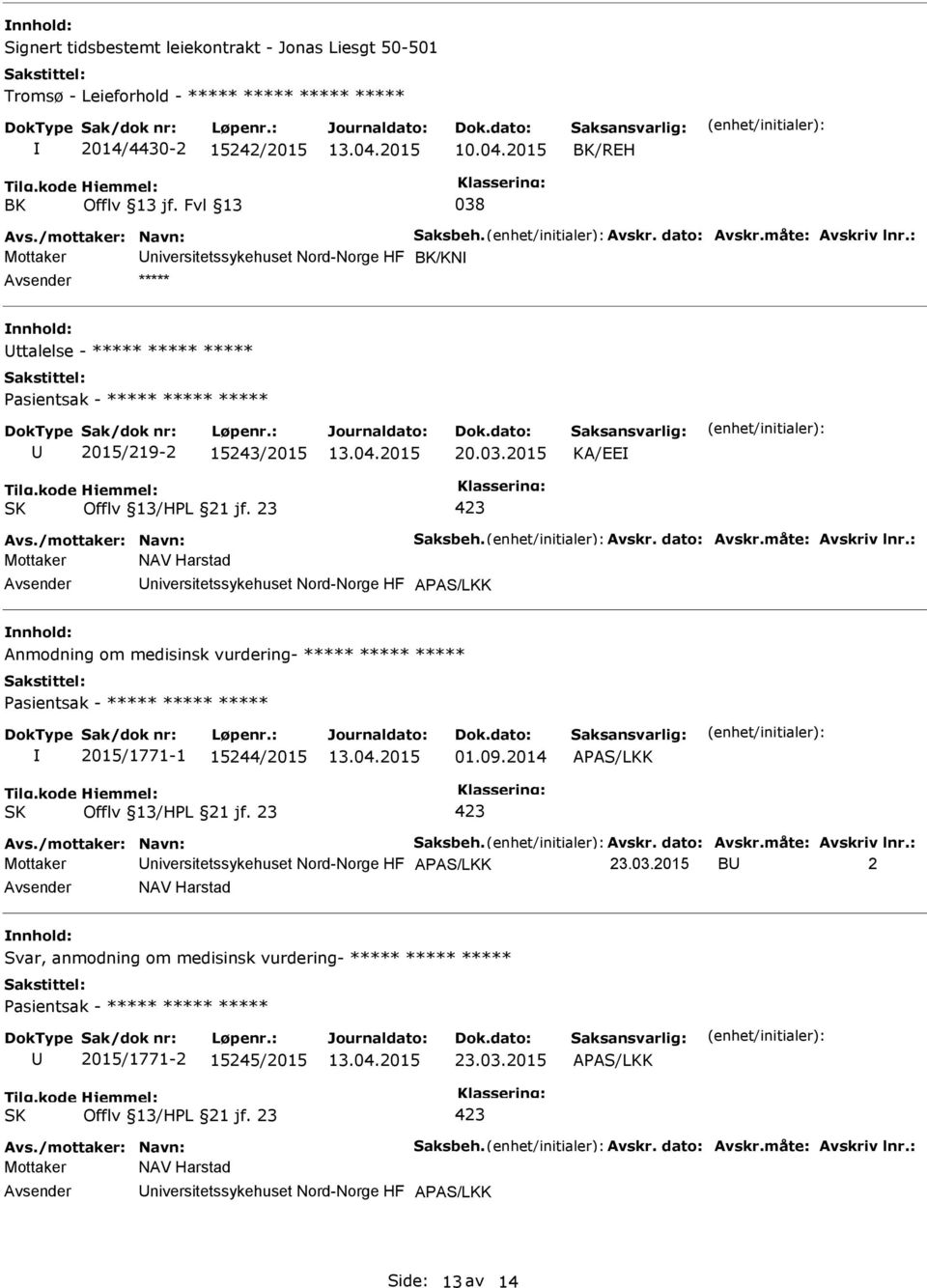 09.2014 APAS/LKK Avs./mottaker: Navn: Saksbeh. Avskr. dato: Avskr.måte: Avskriv lnr.: Mottaker APAS/LKK 23.03.