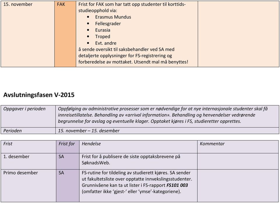 Avslutningsfasen V-2015 Oppfølging av administrative prosesser som er nødvendige for at nye internasjonale studenter skal få innreisetillatelse. Behandling av «arrival information».